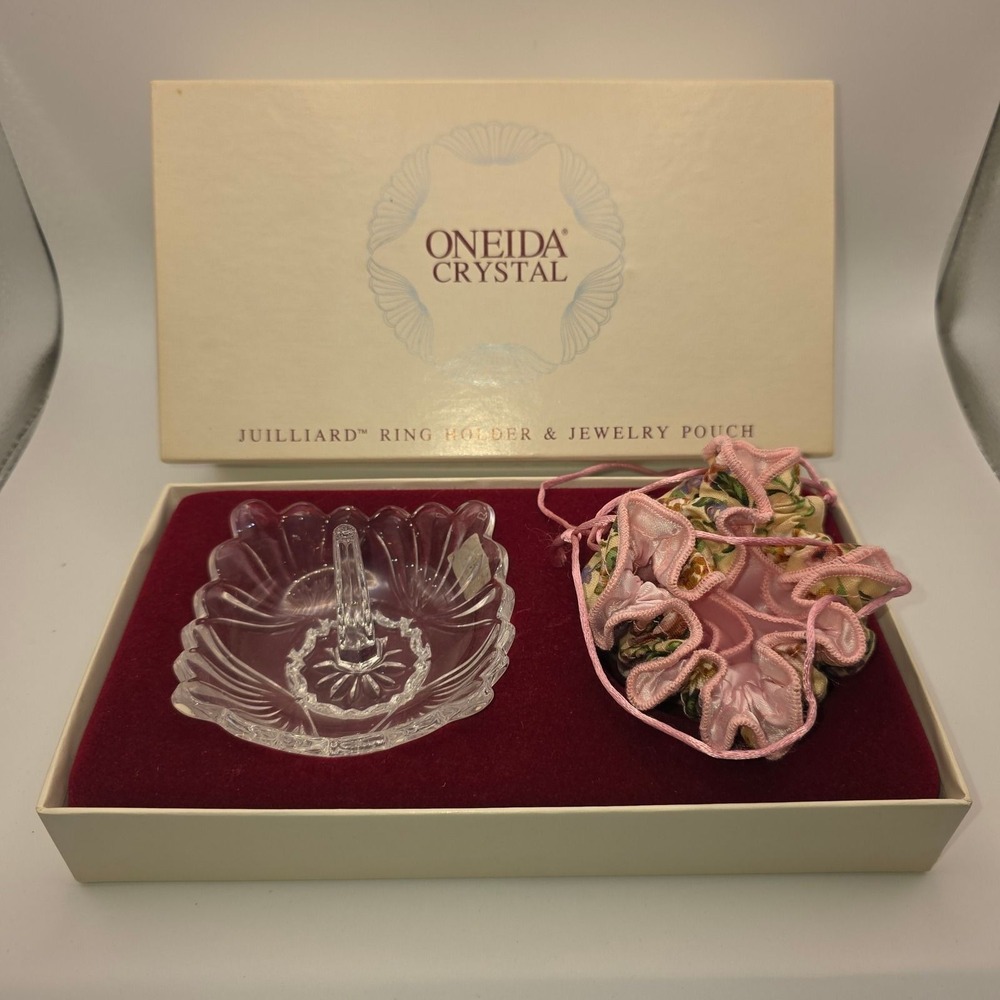 Oneida Crystal Juilliard Ring Holder and Jewelry‎ Pouch Set Vintage Clear Glass